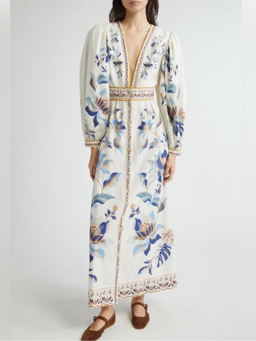 FARM Rio Ivory Maxi Dress with Blue and Tan Floral Embroidery
